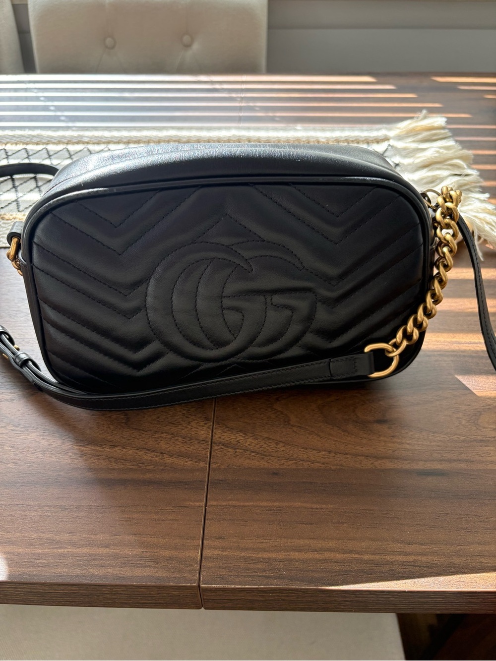 Gucci Black Leather GG Marmont Chevron Camera Bag with Gold Hardware - Picture 3 of 10